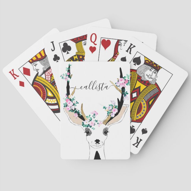 Cute Artsy Pink Floral Deer Animal Illustration Poker Cards (Back)