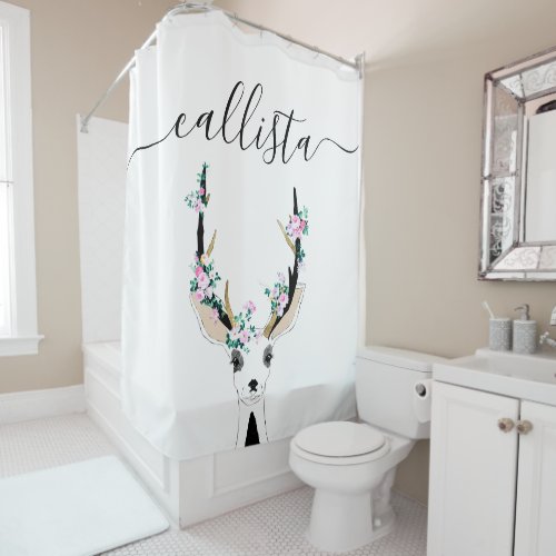 Cute Artsy Pink Floral Deer Animal Illustration Shower Curtain