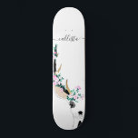 Cute Artsy Pink Floral Deer Animal Illustration Skateboard<br><div class="desc">This cute and artsy illustration is a beautiful depiction of one of nature's most loved animals. It features a hand-drawn black outlined deer with pink, teal green, and purple flowers and leaves arrangements around her antlers which are colored in faux gold foil and black. It's placed on a white background...</div>