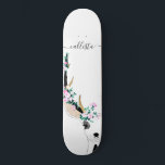 Cute Artsy Pink Floral Deer Animal Illustration Skateboard<br><div class="desc">This cute and artsy illustration is a beautiful depiction of one of nature's most loved animals. It features a hand-drawn black outlined deer with pink, teal green, and purple flowers and leaves arrangements around her antlers which are colored in faux gold foil and black. It's placed on a white background...</div>