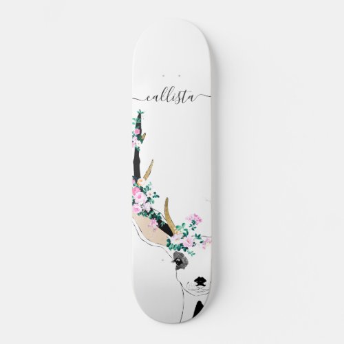 Cute Artsy Pink Floral Deer Animal Illustration Skateboard