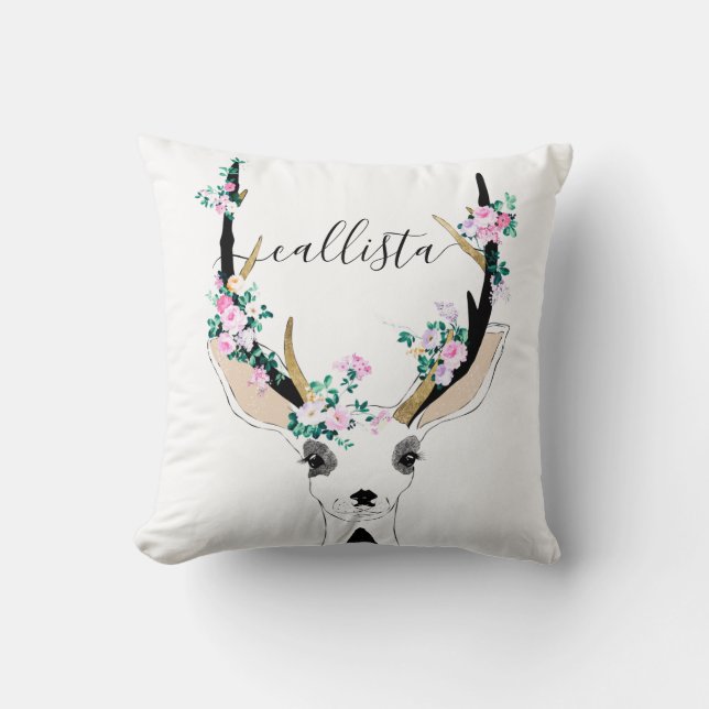 Cute Artsy Pink Floral Deer Animal Illustration Throw Pillow (Front)
