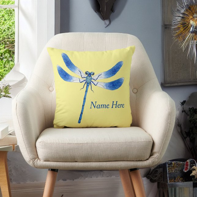 Cute as a Bug Blue Dragonfly on Pale Yellow Throw Pillow (Creator Uploaded)