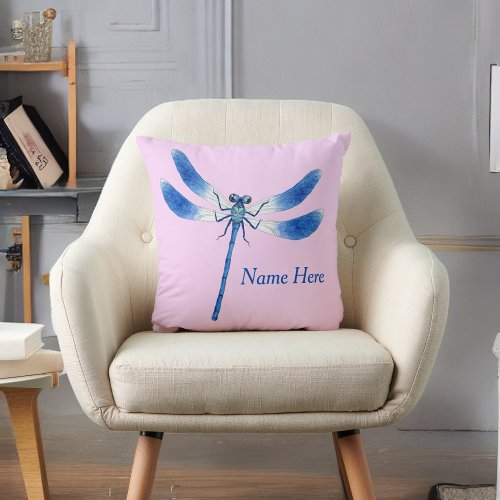 Cute as a Bug Blue Dragonfly on Pink Throw Pillow