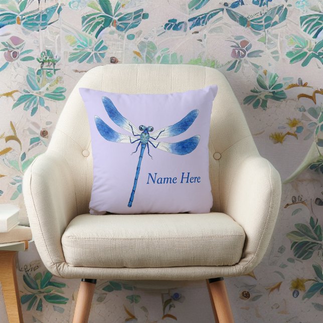 Cute as a Bug Blue Dragonfly on Violet Purple Throw Pillow (Creator Uploaded)