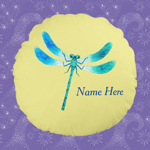 Cute as a Bug Blue Green Dragonfly on Light Yellow Round Pillow