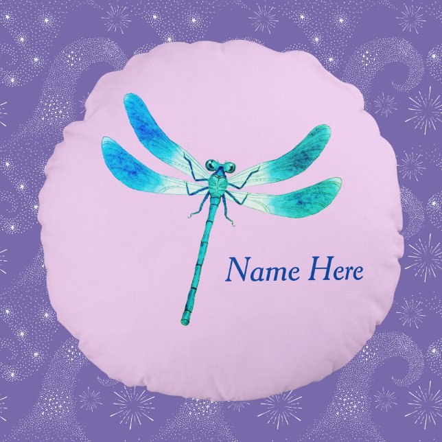 Cute as a Bug Blue Green Dragonfly on Pink Round Pillow (Creator Uploaded)