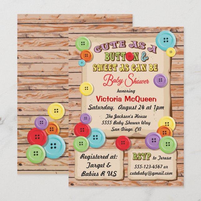 Cute as a Button Baby Shower Invitation (Front/Back)