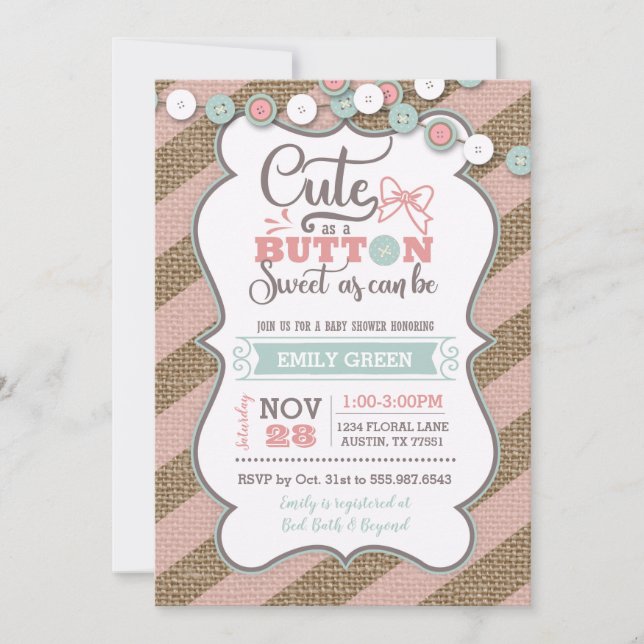 Cute As A Button Baby Shower Invitation Mint Pink (Front)