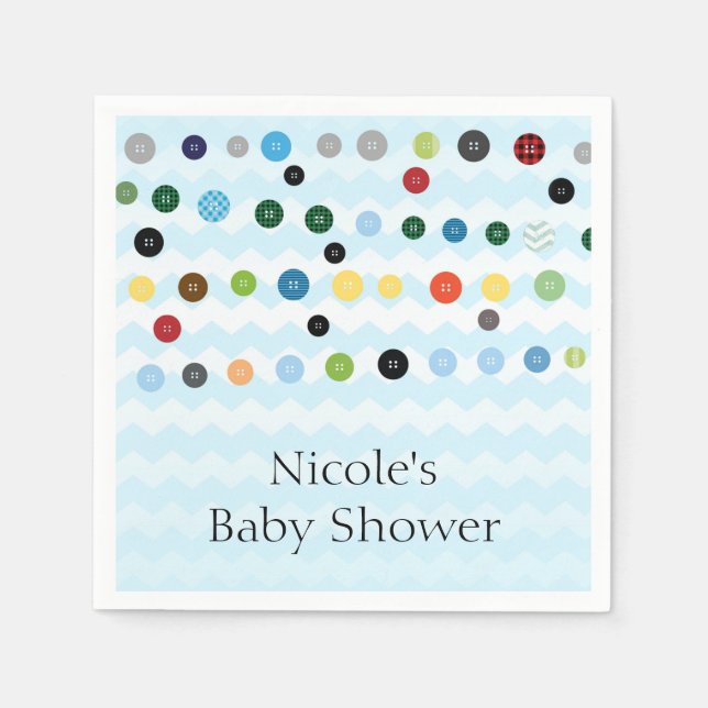 Cute As A Button Blue Baby Shower Party Paper Napkins (Front)