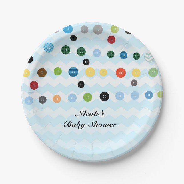 Cute As A Button Blue Baby Shower Party Paper Plates (Front)