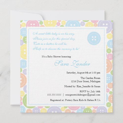 Cute as a Button Boy Baby Shower Invitation