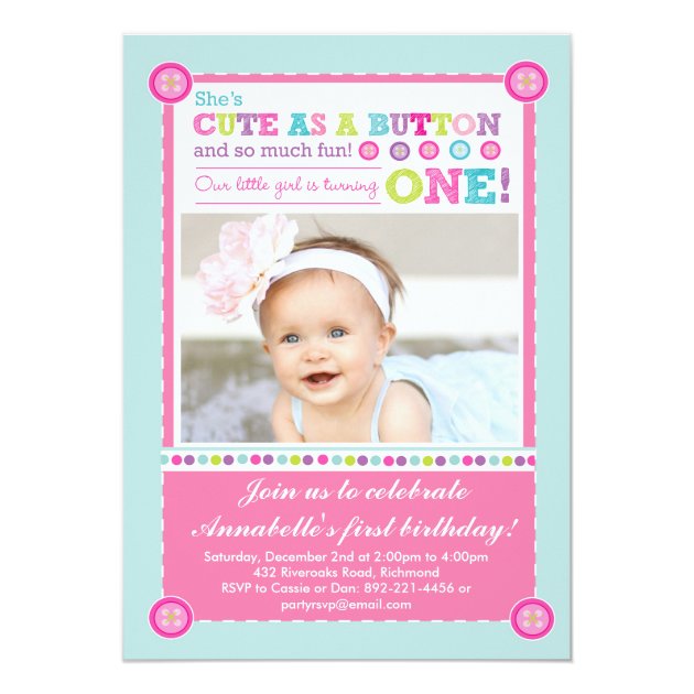 Cute As A Button First Birthday (Photo) Card
