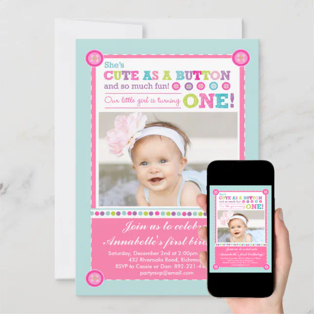 Cute as a Button First Birthday (Photo) Invitation Zazzle