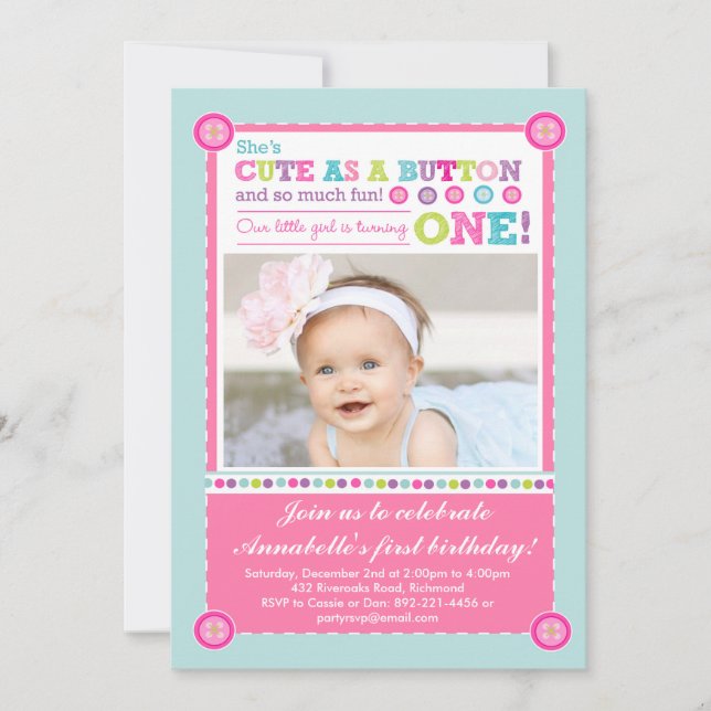 Cute as a Button First Birthday (Photo) Invitation (Front)