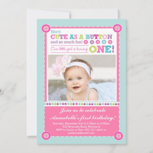 Cute as a Button First Birthday (Photo) Invitations