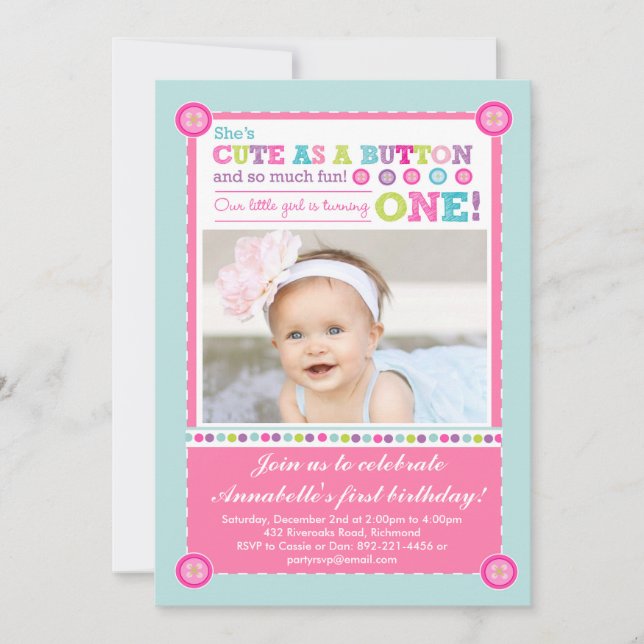 Cute as a Button First Birthday (Photo) Invitation (Front)