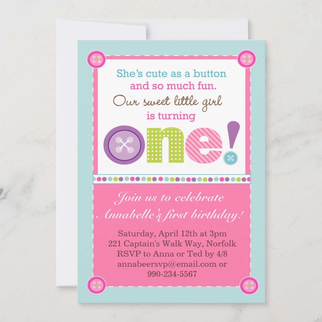 Cute as a Button First Birthday (Photo) Invitation Zazzle
