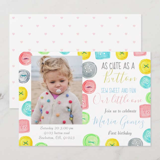 Cute as a button first birthday photo party invite (Front/Back)