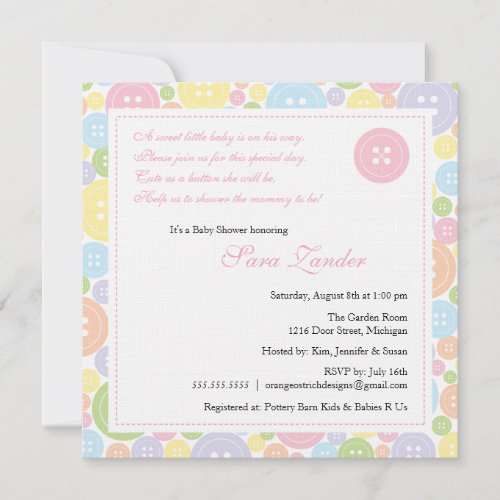 Cute as a Button Girl Baby Shower Invitation
