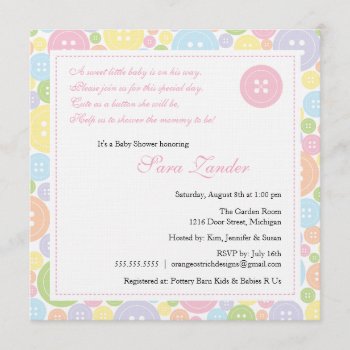 Cute As A Button Girl Baby Shower Invitation by OrangeOstrichDesigns at Zazzle