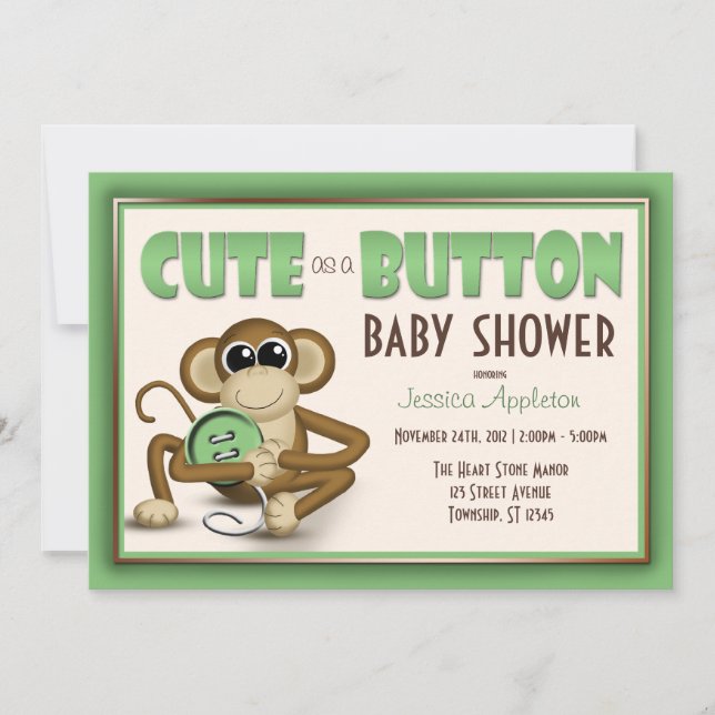 Cute as a Button Green Baby Shower Invitation (Front)