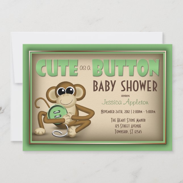 Cute as a Button Green Baby Shower Invitation (Front)