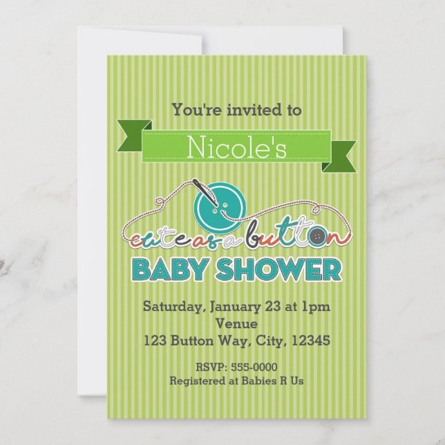 CUTE AS A BUTTON Green Baby Shower Invitations (Front)