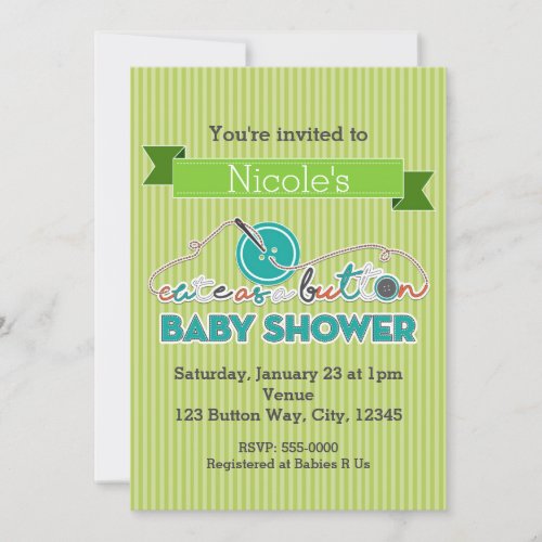 CUTE AS A BUTTON Green Baby Shower Invitations