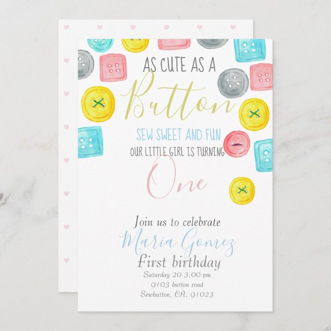 Cute as a button kid party invitation (Front/Back)