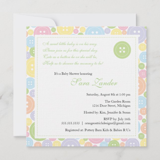 Cute as a Button Neutral Baby Shower Invitation (Front)