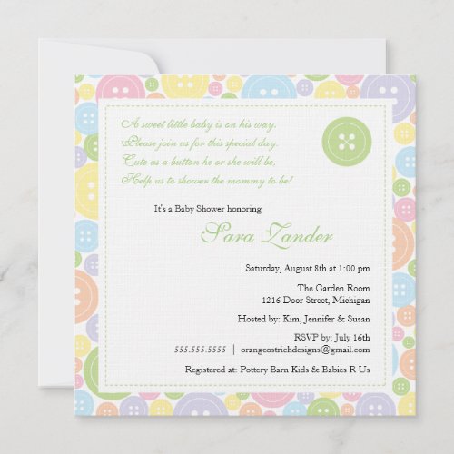 Cute as a Button Neutral Baby Shower Invitation