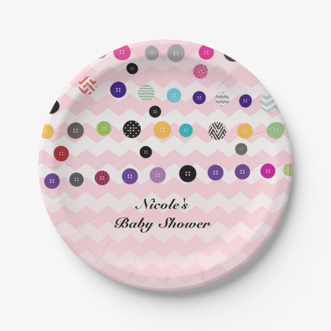 Cute As A Button Pink Baby Shower Party Paper Plates (Front)