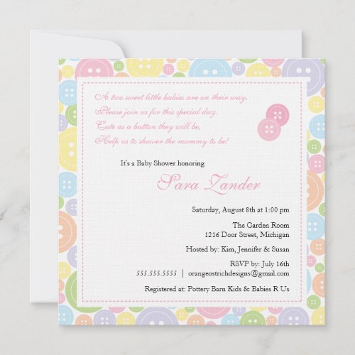 Cute as a Button Twin Girls Baby Shower Invitation
