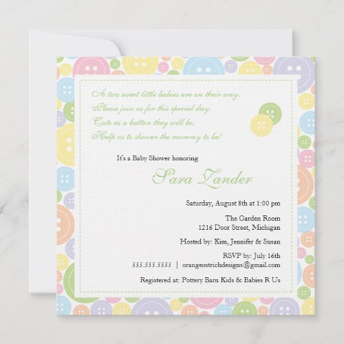 Cute as a Button Twins Baby Shower Invitation