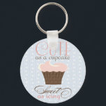 Cute as a cupcake! Pink & Brown Keychain<br><div class="desc">Be as cute as a cupcake with this fun and friendly design! Features a cupcake with pink icing in a brown wrapper,  with the words "Cute as a cupcake". May also incorporate blue wallpaper design background and/or the text "Sweet as icing".</div>