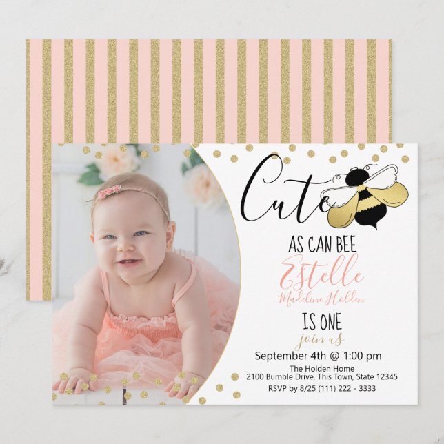 Cute as can Bee 1st Birthday Party Photo Invitation (Front/Back)