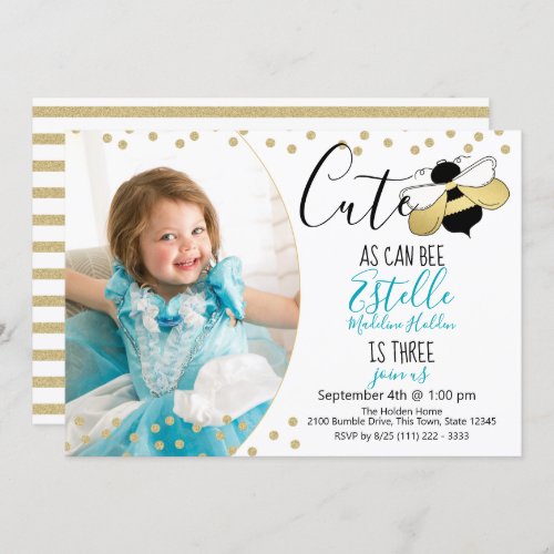 Cute as can Bee Third Birthday Party Photo Invitation