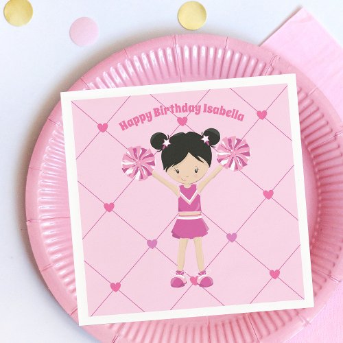 Cute Asian Cheerleader Custom Kids Birthday Party Napkins