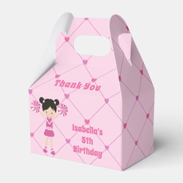 Cute Asian Cheerleader Girl Pink Birthday Party Favor Boxes (Front Side)