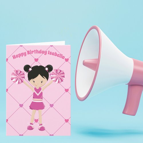 Cute Asian Cheerleader Personalized Birthday Girl Card