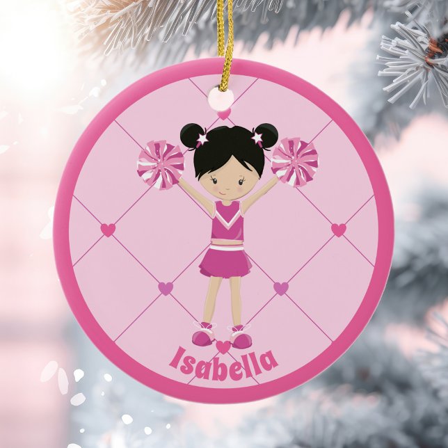 Cute Asian Cheerleader Pink Custom Christmas Ceramic Ornament (Creator Uploaded)
