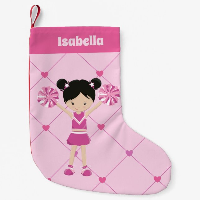 Cute Asian Cheerleader Pink Personalized Cheer Small Christmas Stocking (Front)