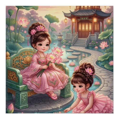 Cute Asian Dolls In Traditional Garden Landscape F Poster