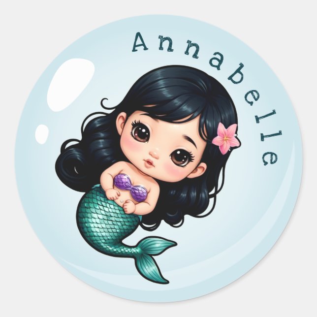 Cute Asian Mermaid in a Bubble Personalize Classic Round Sticker (Front)