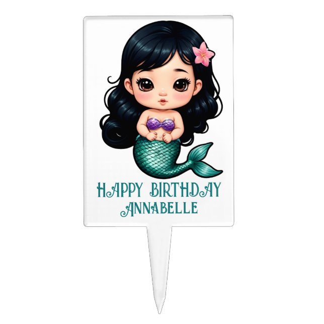 Cute Asian Mermaid Personalize Cake Topper (Front)