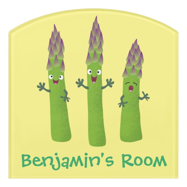 Cute asparagus singing vegetable trio cartoon door sign (Contour Front)