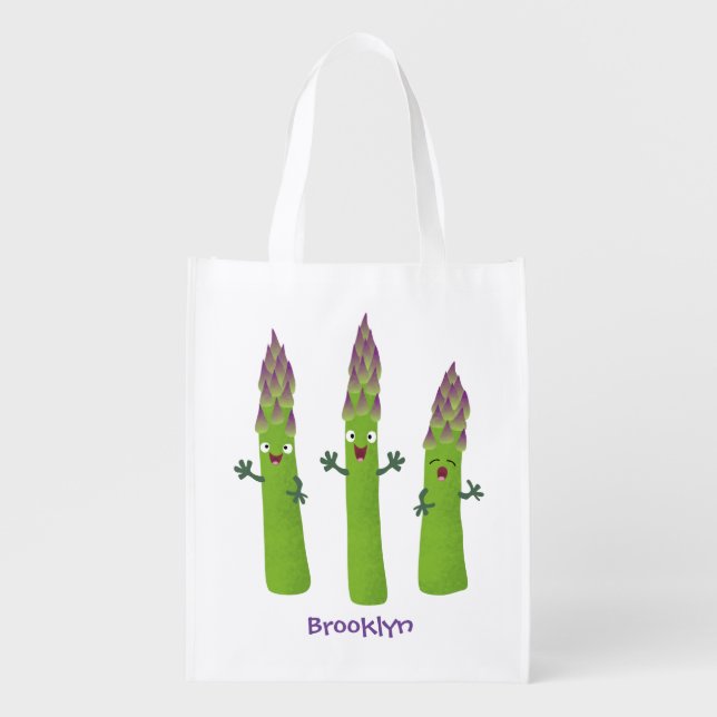 Cute asparagus singing vegetable trio cartoon grocery bag (Front)
