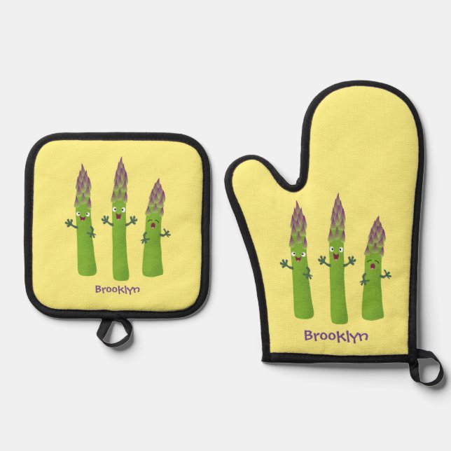 Cute asparagus singing vegetable trio cartoon oven mitt & pot holder set (Front)