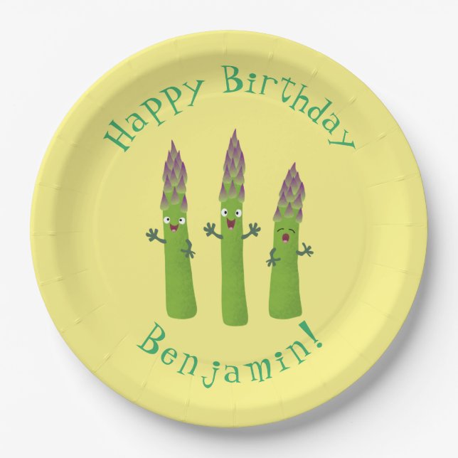 Cute asparagus singing vegetable trio cartoon paper plates (Front)